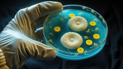 A researcher's or doctor's hand holding a Petri dish containing a bacterial culture where an antibiotic disc test is conducted. Antimicrobial resistance concept