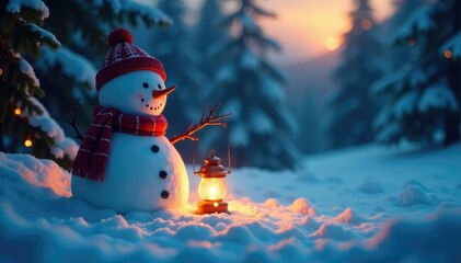 Snowy evening scene with a lone lantern lighting up a snowman, peaceful, lantern