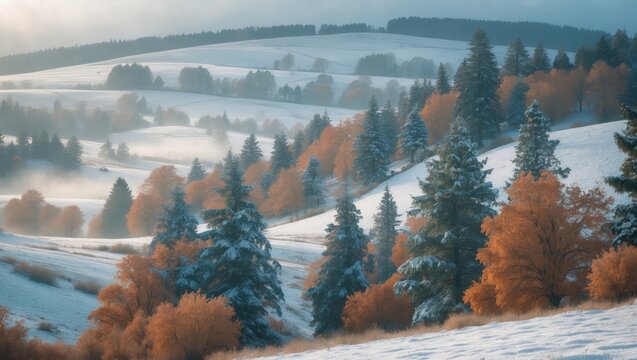 Snow-covered landscape featuring pine trees and a misty layer, set against a backdrop of snowy hills and sparse trees.