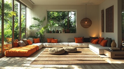 Fototapeta premium A stylish modern interior room with tropical plants and bright cushions
