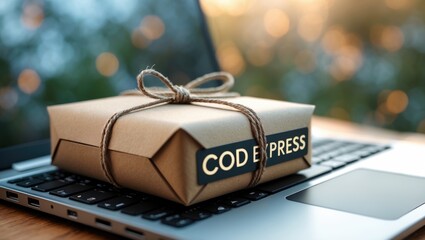 cash on delivery express shipping laptop ecommerce shopping online and order concept packing parcel in a cardboard box ready for delivery service to customer