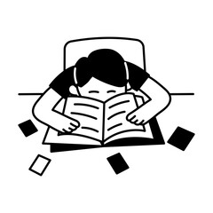 A hand drawn illustration of tired student lying on table 
