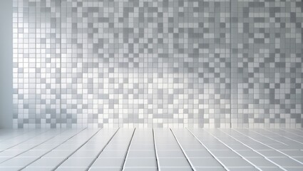 Chequered background texture of white tiles. Mosaic background of ceramic brick wall and floor tiles in a clean space. Geometric pattern design with grid wallpaper decoration.