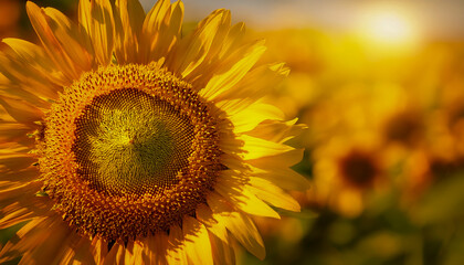 Lush sunflower fields bloom in the warm sunlight, their bright yellow petals creating a stunning natural landscape.
