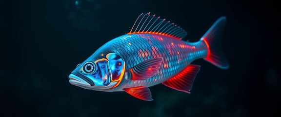 A vibrant aquatic creature, illuminated in shades of electric blue and fiery orange, swims gracefully through the dark depths of the ocean, its scales shimmering with an ethereal glow.