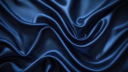 Obraz premium Navy blue satin fabric with a silky shiny finish. Dark luxurious background offering space for design. Wide banner template featuring an elegant, empty flat lay from a top view angle.