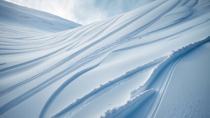 Snowy abstract background for off-piste skiing featuring ski and snowboard trails on fresh virgin powder snow.
