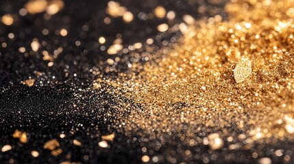 Sparkling Gold: An alluring close-up of glistening gold dust, crystals, and fragments scattered on a dark textured surface, with selective focus, evoking a sense of luxury and value.