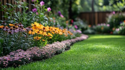 A beautiful garden path with colorful flowers and well-maintained grass in a peaceful setting. Generative AI