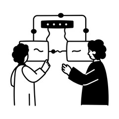 Lab workers checking lab apparatus, hand drawn illustration 
