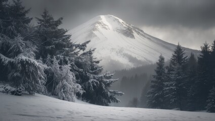 Obraz premium Snow-covered mountain beneath overcast winter sky, tranquil nature scene, inspiration for winter holidays, cold season scenery.