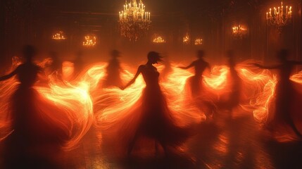 Fiery Dancers in a Dark Ballroom with Glowing Lights. Generative AI