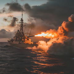 Fototapeta premium Warship engaging in battle ocean waters cinematic image dramatic skies aerial view naval warfare concept