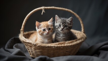 Small kittens in a basket on a dark background