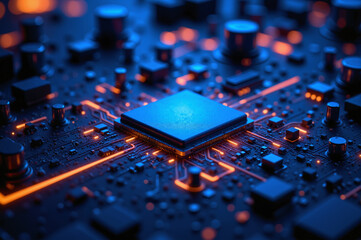 A cutting-edge processor illuminated with vibrant LED lights, symbolizing future technology.