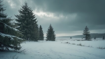 Snow-covered landscape featuring evergreen trees beneath a cloudy sky.