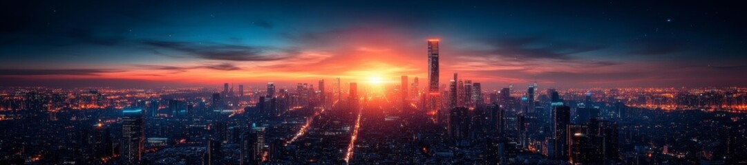 Obraz premium Futuristic City Skyline at Sunset with Glowing Lights and Towering Skyscrapers. Generative AI