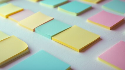 Close-up of vibrant blank adhesive notes on a white surface