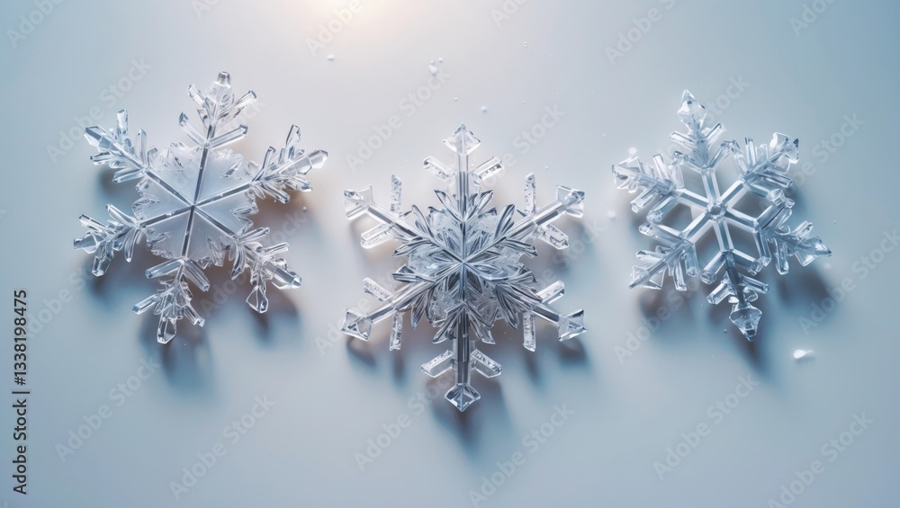 Poster three snowflakes isolated on a white background. close-up photo of actual snow crystals featuring la