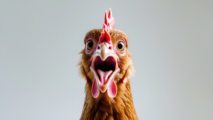 Close-up of a brown chicken head with an open mouth displaying a surprising emotion, set against a white background, in a funny animals theme. © GenZGraphics