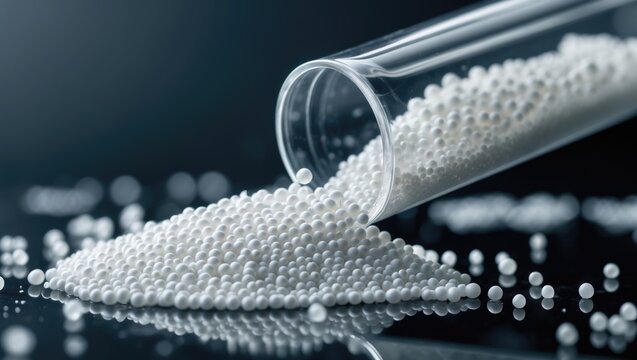Closeup of granules of a white plastic polymer in a glass test tube.