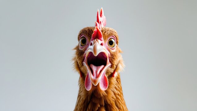 Close-up of a brown chicken head with an open mouth displaying a surprising emotion, set against a white background, in a funny animals theme.