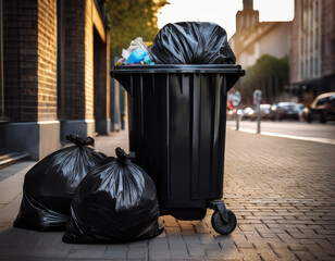 Cubo de basura en la calle de la ciudad lleno de bolsas con basura en el suelo