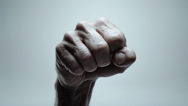 Close-up of a human fist against a plain background.