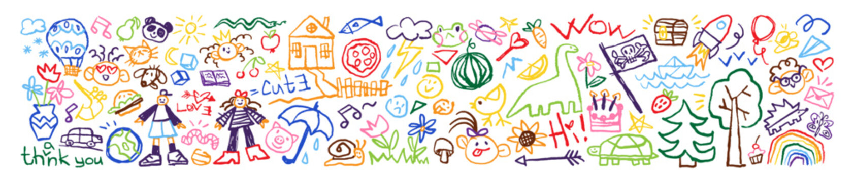 Cute kids doodles by chalk. Crayon child scribbles, kindergarten patterns. Funny childish background, colourful wall art with drawing house, flowers. Hand drawn isolated vector illustrations on white.