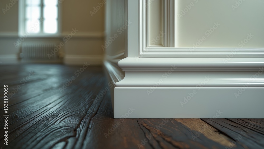 Poster close-up view of decorative white baseboard corner in an empty room with open space.