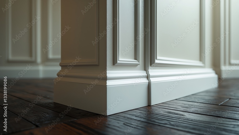 Poster close-up view of a decorative white baseboard corner in an empty room with open space.