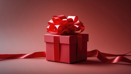 Christmas, Valentine's Day, or Anniversary red gift box adorned with a red satin bow, minimalistic design.