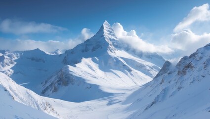 Ski slope and winter mountains blanketed in snow.