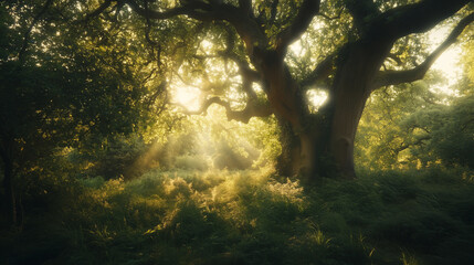 Fototapeta premium Majestic Ancient Oak Tree with Sprawling Branches in Sunlit Forest