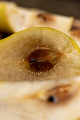 part of the rotted inside of a ripe pear from long-term storage