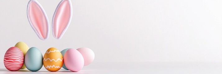 Easter Eggs Nestled With Delicate Bunny Ears Nearby.