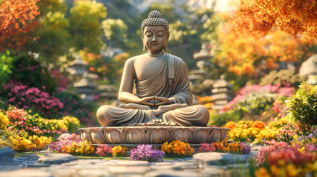 Fototapeta An illustration of Gautam buddha mediate in the beautiful garden