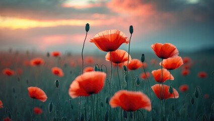 Fototapeta premium Close-up of poppy flowers in a field under the sun.