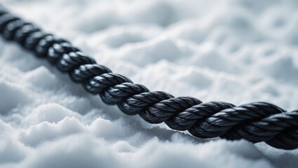 Close-up of a black rope on a white background.
