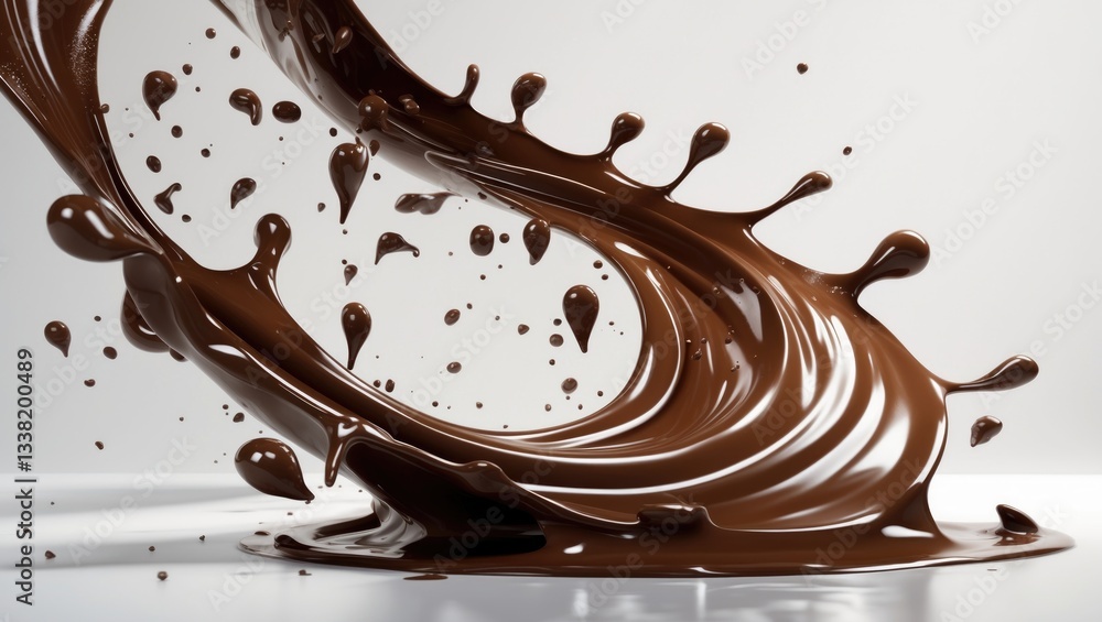 Poster chocolate splashes in a spiral design with flowing drops against a white backdrop.