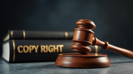 A wooden gavel rests on a circular base beside a black book titled 'COPY RIGHT.' This setup highlights the importance of copyright laws in a legal context