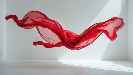 Smooth elegant red transparent fabric displayed against a white background. Texture of billowing cloth.