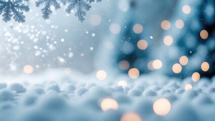 Christmas blurred background featuring snowflakes. Out-of-focus Christmas tree. Abstract blurred soft blue shimmering bokeh lights.