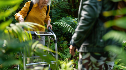 Caregiver, happy and tablet with old woman and walker for rehabilitation, healthcare report or support plan. Medical, advice and nurse