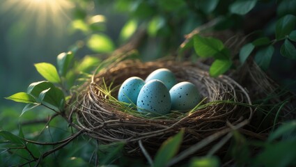 Fototapeta premium Chipping sparrow eggs nestled in a cozy nest