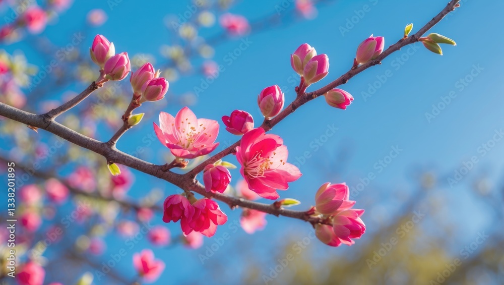 Aufkleber close-up of a red bud branch displaying the fragile flowers.