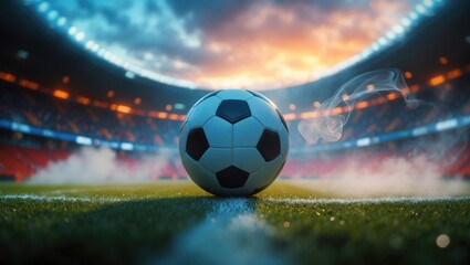 Close-up of a soccer ball at the center of an illuminated stadium.