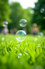 Colorful soap bubbles on green grass outdoors, closeup