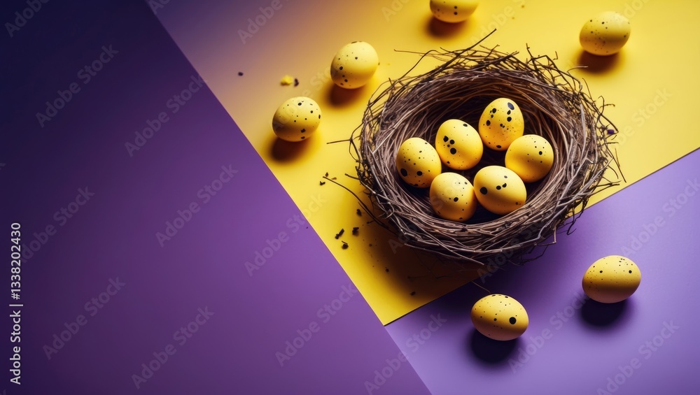 Poster small yellow eggs in a nest on a backdrop. empty space for copy. bird's-eye view.
