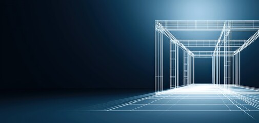 Glowing blue holographic architectural blueprints floating in a dark futuristic lab, ultra-detailed wireframe design, cybernetic elements, high-tech engineering aesthetics